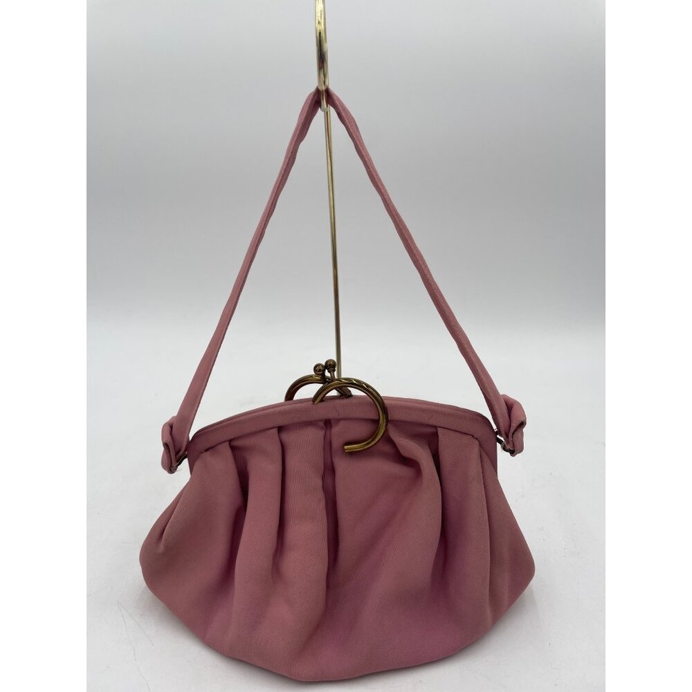 Vintage Pink Pleated Handbag With Gold Kiss Lock Closure & Satin Lining